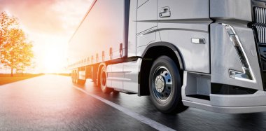 Gündoğumunda açık bir otoyolda giden modern bir kamyon, sakin bir ortamda hız, ulaşım ve lojistik konularını vurguluyor. 3d görüntüleme, illüstrasyon,