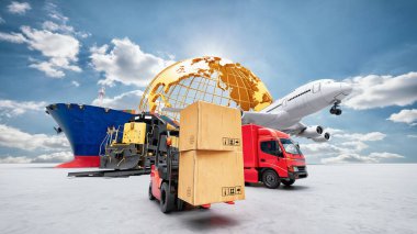 Lojistik ihracat, iş lojistik konsepti, hava kargo taşımacılığı, deniz taşımacılığı, zamanında teslimat için konteyner kargo treninin küresel işi. 3d oluşturma.