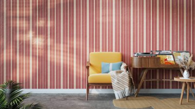 İç tasarımı modern ve şık. Klasik müzik çalar Ahşap çerçeve koltuk ve iç dekorasyonlar iç tasarım fikirleri ve retro yaşam tarzı temaları 3d, sunumlar, çizimler,