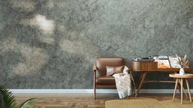 Beton bir duvar, koltuk ve ahşap mobilyalar, tasarım ve dekor temaları için ideal bir tasarım ve dekorasyon içeren samimi bir orta çağ modern iç mimarisinin üç boyutlu bir canlandırması.