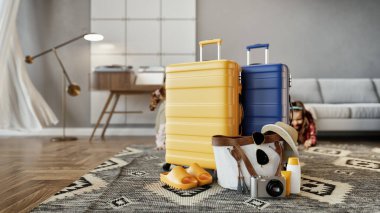 Canlı bavulları ve seyahat gereksinimleriyle dolu rahat bir oturma odasının 3 boyutlu görüntüsü. Evdeki seyahat hazırlıklarını resmetmek için mükemmel. 3d, görüntüleme, illüstrasyon