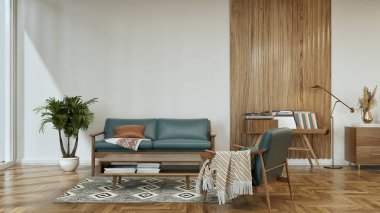 Zarif ahşap aksanlı ve rahat koltuklu, iç tasarım kavramlarını resmetmek için idealdir. 3d, görüntüleme, illüstrasyon