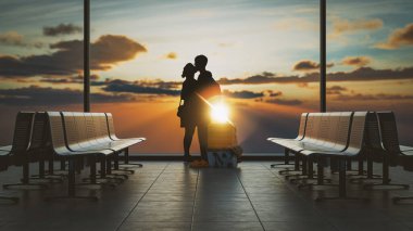 Havaalanı terminalinde kucaklaşan bir çiftin güzel bir gün batımı arkaplanı, seyahat ve veda duyguları içeren üç boyutlu bir canlandırması. Romantik ve seyahat temaları için mükemmel.