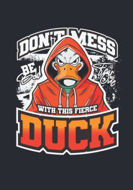 Bold cartoon duck in hoodie with a fierce expression, perfect for edgy t-shirt designs and streetwear apparel. clipart