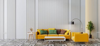 İçinde sarı bir kanepe, renkli yastıklar ve şık bir dekorun bulunduğu üç boyutlu canlı bir oturma odası. Çağdaş iç tasarım temaları ve illüstrasyon projeleri için mükemmel.