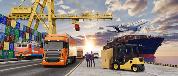A 3D rendering illustration showcasing a vibrant logistics hub with trucks, containers, ships, cranes, and an airplane under a sunset sky, symbolizing global trade and transport