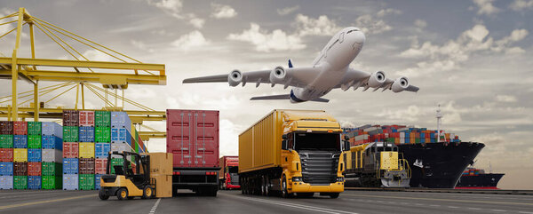Realistic 3D rendering illustration of a global logistics hub featuring airplanes, trucks, containers, and cargo ships in a busy port setting