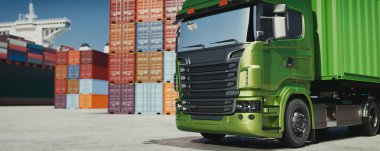 İçinde beyaz bir kamyon, kırmızı bir konteynır ve forklift ve karton kutular bulunan 3D gerçekçi bir tasarım. Lojistik ve sanayi temalı çizimler için elverişli.