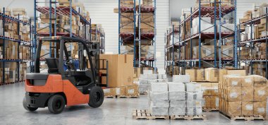 İyi organize edilmiş bir depoda forklift kutuları taşıyan gerçekçi bir 3 boyutlu tasarım. Lojistik, tedarik zinciri ve endüstriyel kavramlar için ideal.