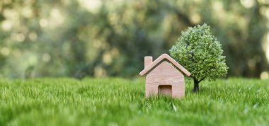 Üç boyutlu resimde, ağaçla çimenli ahşap bir ev, çevreci yaşam ve çevresel uyumu simgeliyor..