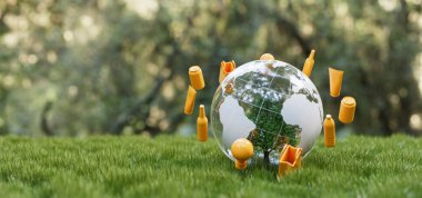 Plastik atıklarla çevrili, kirliliği ve çevresel zorlukları sembolize eden 3 boyutlu cam küre çizimi.