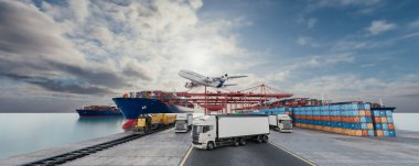 A detailed 3D rendering illustration showcasing a logistics hub with cargo ships, containers, trucks, and cranes under a dramatic sky. clipart