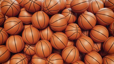 Gerçekçi dokuya sahip canlı bir basketbol topu yığını, yüksek kaliteli üç boyutlu resimleme sunumu.