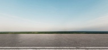 Yeşil ufuk çizgisi ve yumuşak mavi gökyüzü olan açık bir yolun gerçekçi üç boyutlu görüntüsü. Seyahat ve doğadan esinlenilmiş projeler için ideal. 3B, görüntüleme, illüstrasyon.