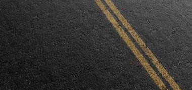 Asfalt yol yüzeyindeki sarı çift çizginin gerçekçi üç boyutlu yansıması. Ulaşım ve şehir planlama kavramları için mükemmel. 3B, görüntüleme, illüstrasyon.