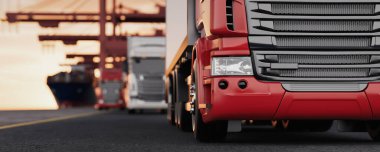 Lojistik merkezde kırmızı bir kamyonun 3 boyutlu yakın plan görüntüsü. Ulaşım, lojistik ve endüstriyel temalar için ideal. 3B, görüntüleme, illüstrasyon.