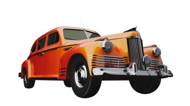 Beyaz arka planda izole edilmiş, detaylı tasarım ve krom aksanlı klasik turuncu renkli bir arabanın 3 boyutlu görüntüsü. Otomotiv ve retro illüstrasyon temaları için mükemmel