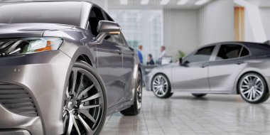 Modern bir galeride parlatılmış alaşımlı tekerlekleri olan, otomotiv zarafeti ve premium araç sunumunu sembolize eden 3D bir gümüş araba tasviri..