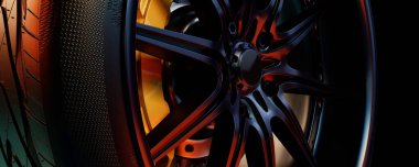 Yüksek performanslı otomotiv tasarımı ve mühendisliğini temsil eden detaylı fren diskiyle lüks bir alaşım tekerleğinin üç boyutlu görüntüsü..