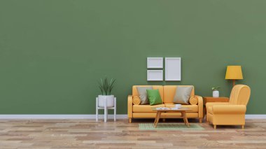 Sarı kanepe, yeşil duvar ve modern mobilya düzenlemelerinin yer aldığı minimalist oturma odasının yüksek kaliteli 3D çizimi.