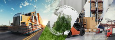 Modern lojistiği, sürdürülebilir ulaşımı ve küresel tedarik zinciri çözümlerini gösteren yüksek kaliteli 3D görüntüleme.