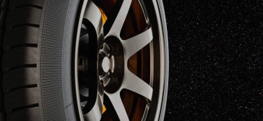 Yüksek kalitede, kozmik bir nebulanın arka planında yüksek performanslı, alaşımlı jant ve spor lastikli bir araba tekerleğinin çizimi..