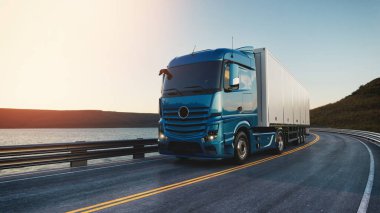 Günbatımında virajlı bir otoyolda giden modern bir yük kamyonunun 3 boyutlu görüntüsü. Ticari ulaşım ve lojistiğin yolda gerçekçi bir tasviri.
