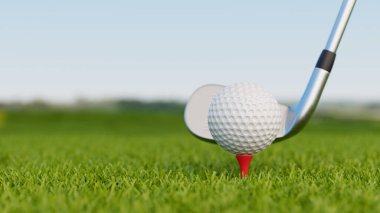 Yeşil çimenlikte sallanmaya hazır bir sopayla kırmızı bir tişörtte golf topu. 3B, görüntüleme, illüstrasyon.