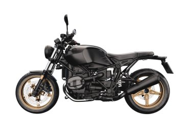 Altın tekerlekleri olan siyah bir kafe yarış motosikletinin 3 boyutlu görüntüsü, şık ve klasik bir tasarım sergiliyor. Otomotiv görselleri için mükemmel. 3B, görüntüleme, illüstrasyon