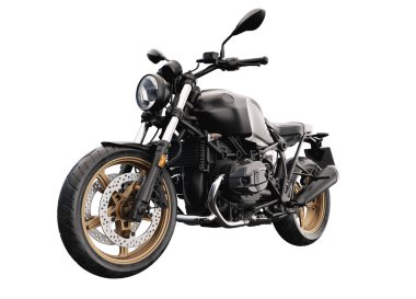 Altın tekerlekleri olan siyah bir kafe yarış motosikletinin 3 boyutlu görüntüsü, şık ve klasik bir tasarım sergiliyor. Otomotiv görselleri için mükemmel. 3B, görüntüleme, illüstrasyon
