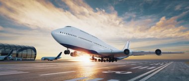 3D görüntüleme, resimleme, ticari uçak kalkış pisti, gün batımında havaalanı arka planı, havacılık ve seyahat endüstrisi, dramatik gökyüzü ve bulutlar