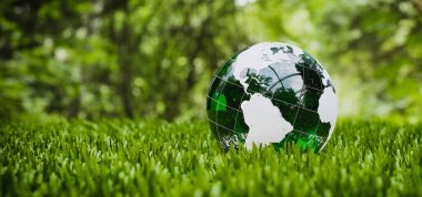 3D görüntüleme, illüstrasyon, ESG çevresel sürdürülebilirlik kavramı, çimenlere yerleştirilmiş yeşil Dünya küresi, çevre dostu tema, bulanık doğa arka planı.