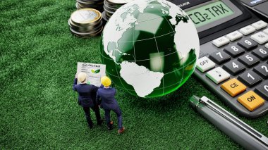 Karbondioksit vergisi, hesap makinesi, yeşil küre, bozuk para ve çim üzerindeki belgeyi, çevre finansmanı, sürdürülebilirliği ve küresel iklim politikasını temsil eden işadamlarının 3D çizimi