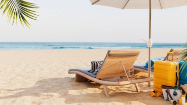 Sıcak güneş ışığı altında, seyahat ve tatil teması için ideal dinlenme yeri sandalyeleri, şemsiye ve renkli seyahat valizleriyle huzurlu bir tropikal plaj sahnesinin gerçekçi üç boyutlu çizimi