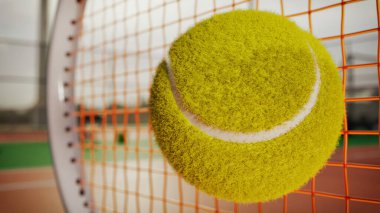 Son derece yakın sahada raket tellerini etkileyen gerçekçi tenis topu arka planı bulanıklaştırdı. Detaylı doku sporu konsepti 3d renderin