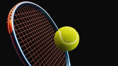 Mavi ve turuncu raketin yanında hareketli gerçekçi tenis topu siyah arka planda hassas güç ve profesyonel spor 3D renderin kavramı