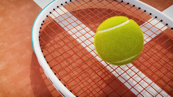 gerçekçi tenis topu kil sahada raket tellerinin üzerinde süzülüyor yakın çekim dinamik kompozisyon spor ekipmanları konsepti 3d renderin