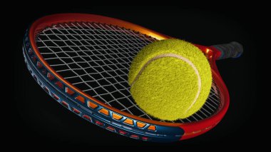 Modern bir tenis raketinde üç boyutlu bir tenis topu canlandırması çarpıcı ışıklandırma ve koyu arka plan renklendirme dokusu ve profesyonel spor ekipmanları