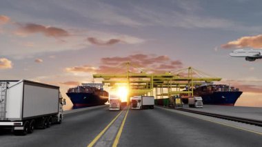 Animated 3D cargo ship carrying containers across calm sea, representing maritime logistics, international freight transport, and global shipping industry.