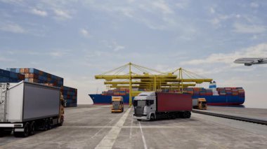 Sakin okyanus sularında seyreden bir kargo gemisinin 3 boyutlu animasyonu, deniz taşımacılığı, küresel ticaret ve ticari lojistik temaları için mükemmel.