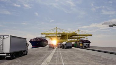 Sakin okyanus sularında seyreden bir kargo gemisinin 3 boyutlu animasyonu, deniz taşımacılığı, küresel ticaret ve ticari lojistik temaları için mükemmel.