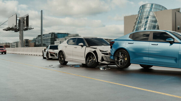 Realistic 3D rendering of a car accident involving three electric vehicles on a city bridge, with visible damage and urban background architecture