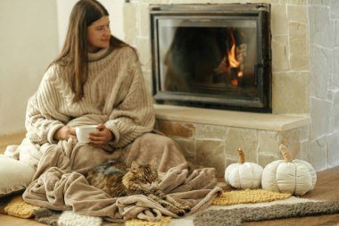 Bir fincan çayla şöminede battaniyenin üzerinde oturan sevimli kedi ve kadın. Sevimli tekir kedicik kırsal kesimde yanan şöminenin sahibiyle birlikte rahatlıyor.