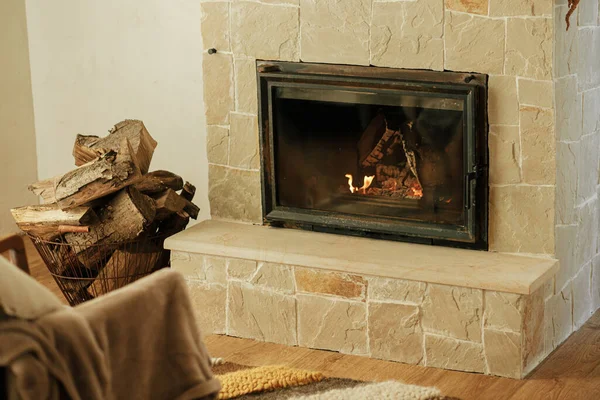 Casa Calefacción Invierno Con Estufa Leña Leña Quemada Chimenea Habitación — Foto de Stock