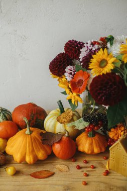 Sonbahar hala hayattır. Şık balkabakları, güz çiçekleri, böğürtlenler, yapraklar, kırsal ahşap masadaki mum. Mutlu Şükran Günleri Atmosferik konforlu oda. Metin için alanı olan mevsimlik tebrik kartı şablonu