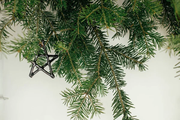 Stylish Christmas Ornaments Fir Branches White Background Modern Glass Baubles — Φωτογραφία Αρχείου