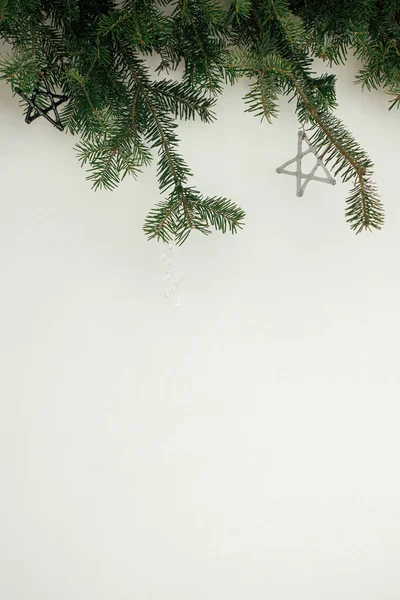 Stylish Christmas Ornaments Fir Branches White Background Modern Glass Baubles — Stock fotografie