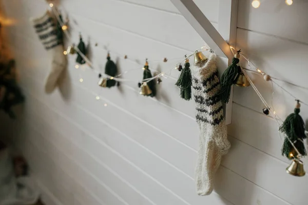 Stylish Christmas Stocking Garland Lights Festive Decorated Boho Room Rustic — Stock fotografie