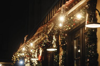 Noel aydınlatması ve açık havada köknar dallarında şenlikli ışıklar. Şehir caddesinde modern noel dekorasyonu. Avrupa 'da atmosferik kış tatili. Mutlu Noeller.!