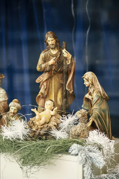 Presepe Scena Della Notte Santa Con Statuette Gesù Bambino Creche — Foto Stock